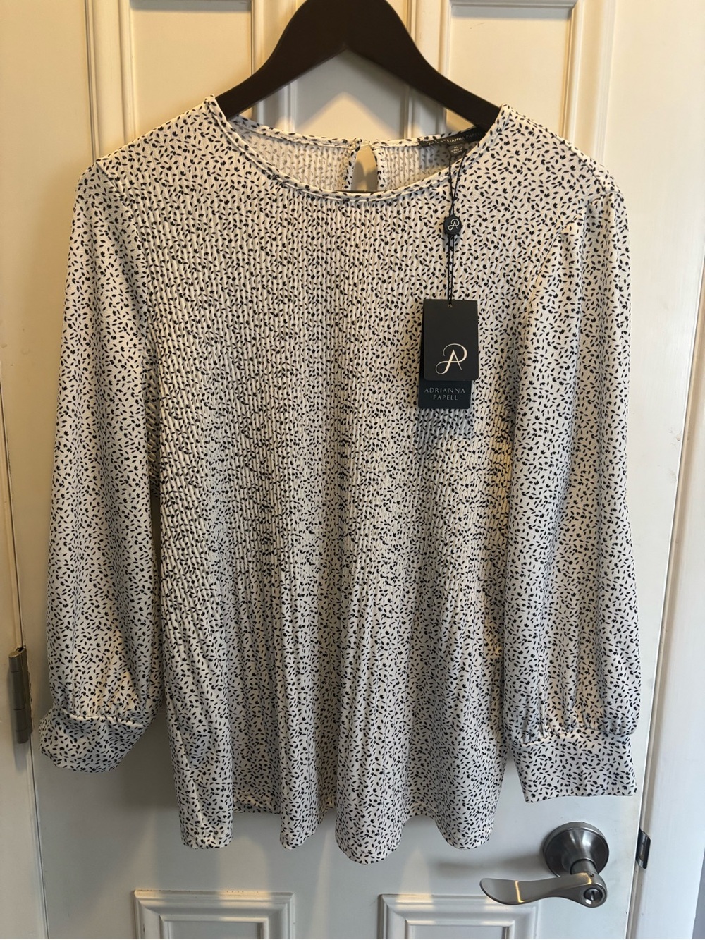 Adrianna Papell White Top with Black Micro Dot Print